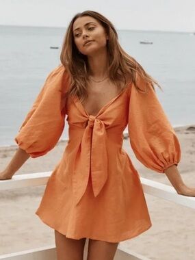 Charlie Holiday Orange Linen Blend Puff Sleeve Tie Front Mini Dress 4